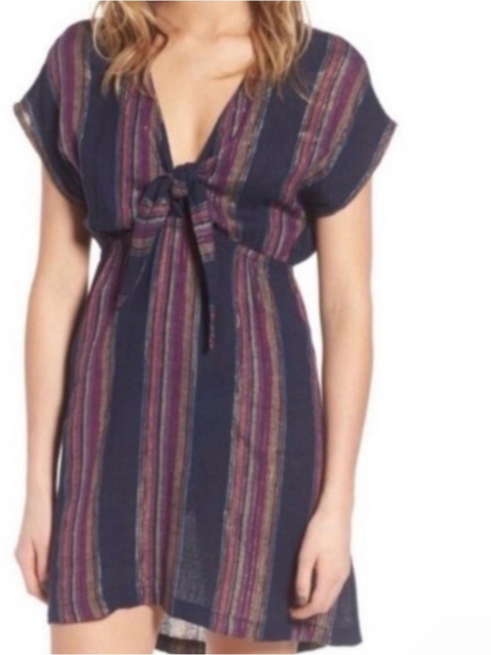 Rails Charlotte Trinidad Stripe Tie Front Linen Blend Mini Dress Boho Festival L